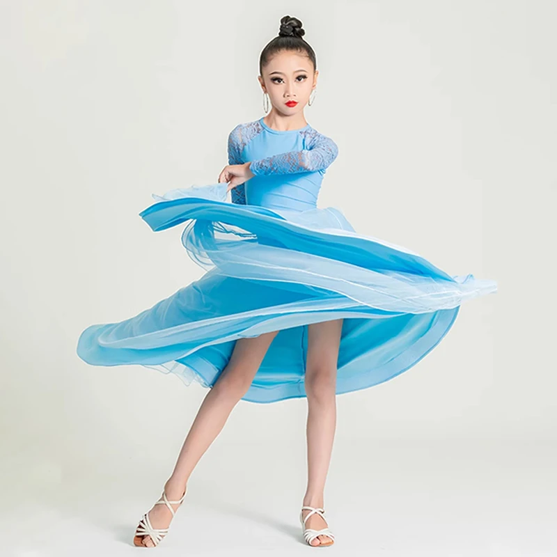 الأزرق قاعة الرقص فستان رقص الفتيات الفالس الأداء الحديث الزي الدانتيل كم يوتار تنورة مجموعة فستان المنافسة القياسية VDB7971