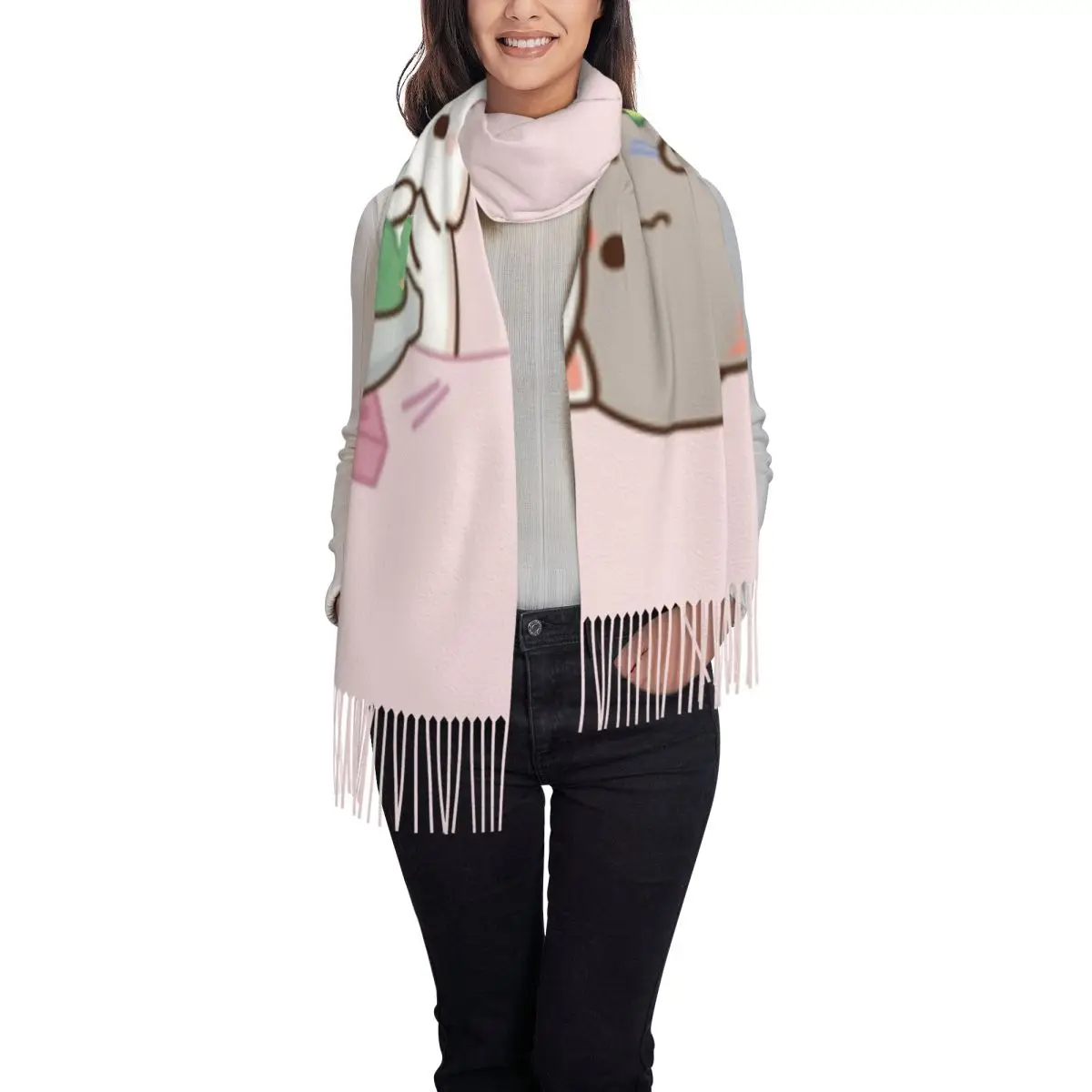 Custom Peach And Goma Eating Salad Tassel Scarf Women Soft Shawls Wraps Female Winter Scarves