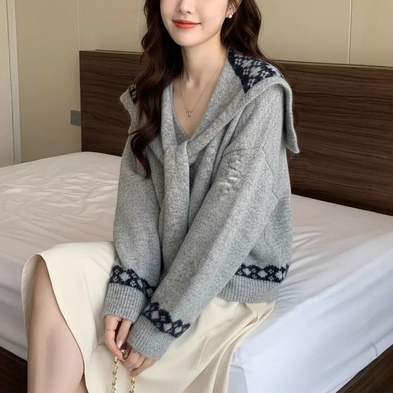Conjunto de duas peças com cordão xale pullovers malha outono inverno novo coreano com decote em v roupas femininas vintage jacquard tecer suéteres