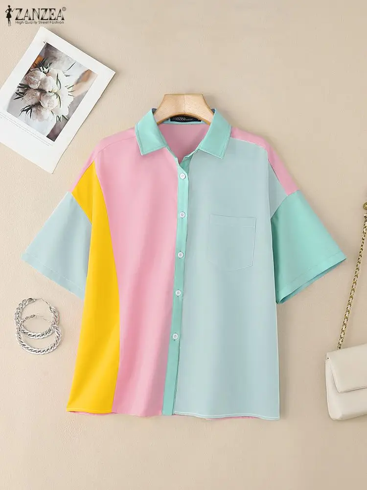 Zomer Stijlvol Shirt 2023 ZANZEA Vrouwen Patchwork Blouse Revers Hals Korte Mouw Werk Blusas Vrouwelijke Contrast Kleur Tops Oversize