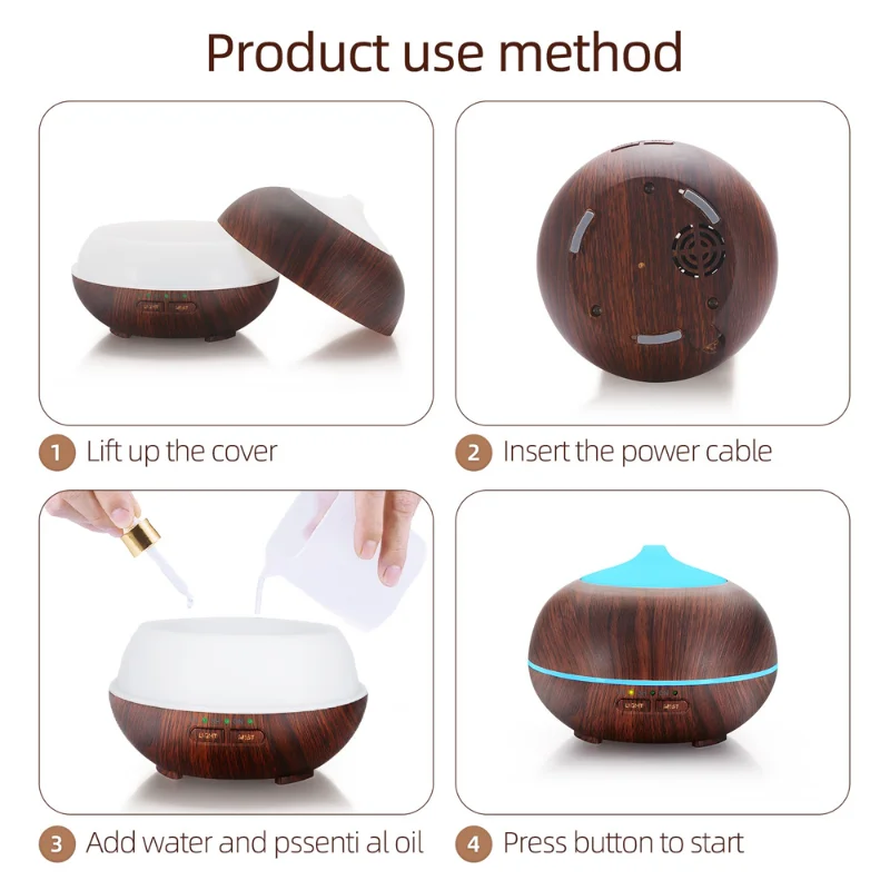 

Ультразвуковой диффузор и увлажнитель для ароматерапии, 7 цветов светодиодной подсветки, 3 настройки таймера, покрытие большой комнаты для офиса, спальни