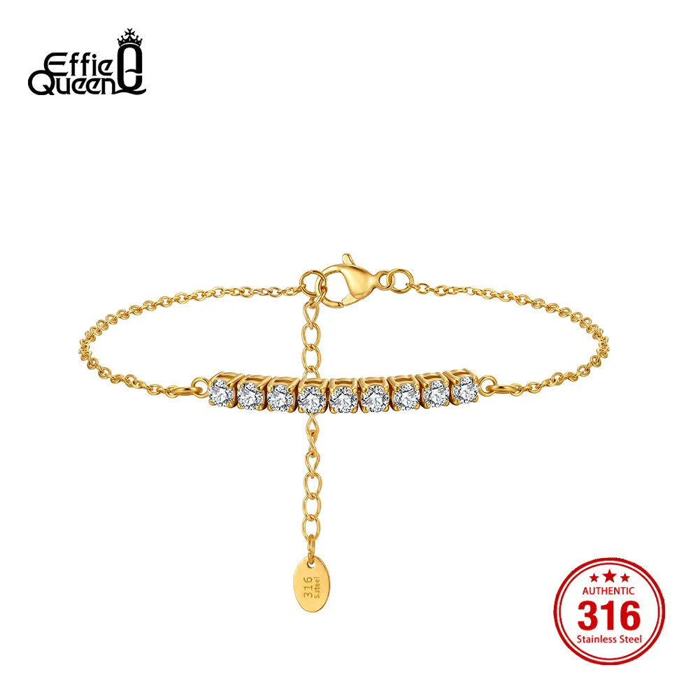 EFFIE QUEEN Classic Charm Tennis Bracelet for Women AAA Zircon Stainless Steel CZ Chain Bracelet Party Jewelry Waterproof HTKB01