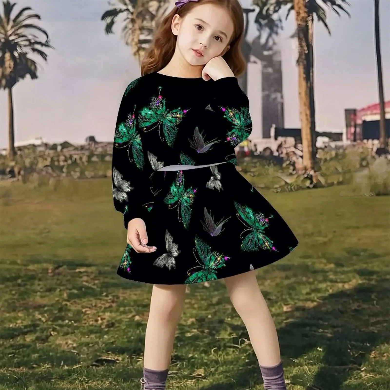 Lovely Kawaii Fairy Style Girls Outfit Long Sleeve Print Top A-line Skirt  Soft Breathable  For Wedding Flower Girl Party