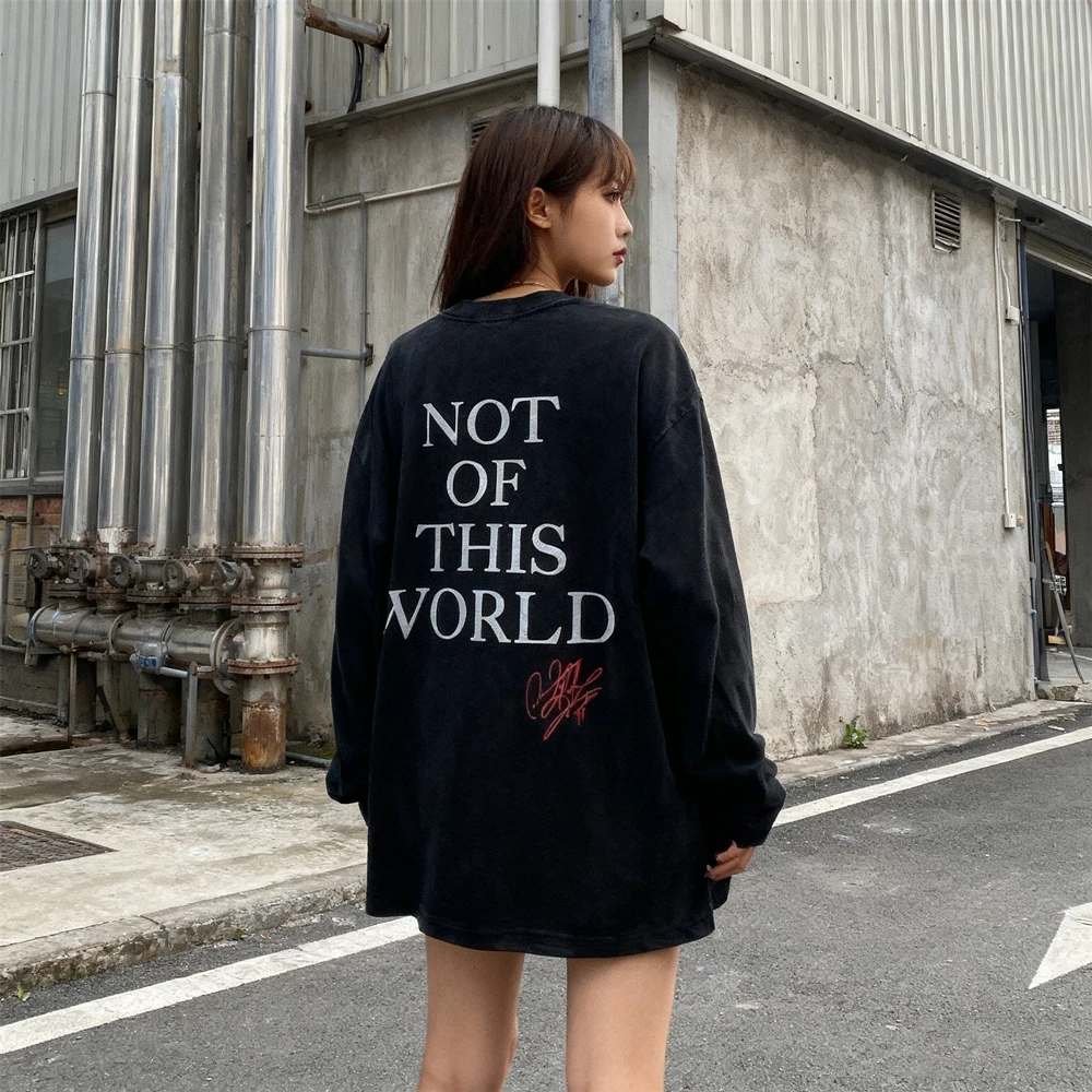 KUCLUT American Style Best Quality BIG FACE Graphics Printed Tee Loose Oversize Tops Vintage Long Sleeves T Shirt Men Woman