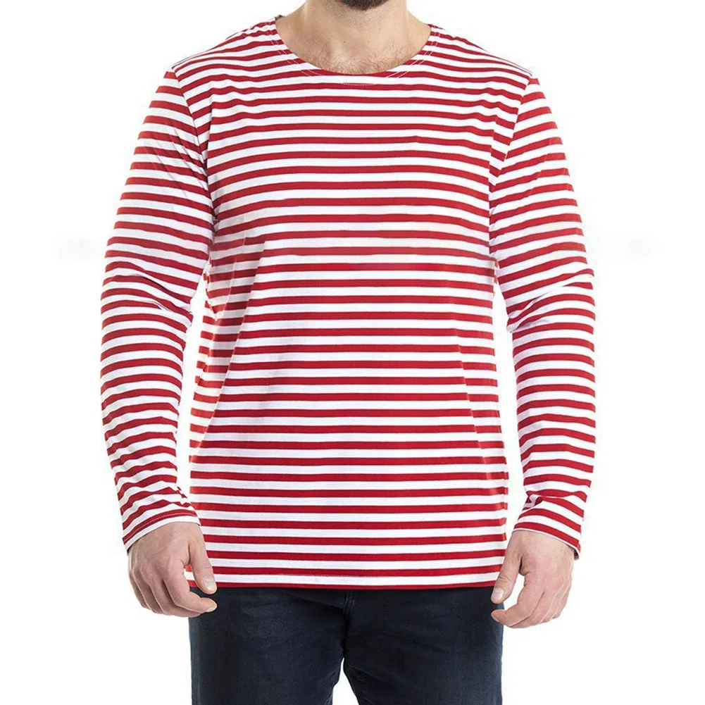 Camisetas a rayas de estilo marinero para hombre, de manga larga, con cuello redondo, ideales como prenda básica.