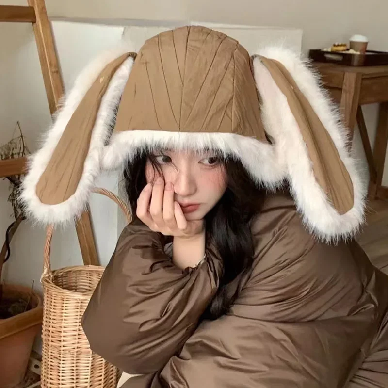 Playful Cute Rabbit Ears Plush Bomber Hat Women's Winter Warm Ear Protection Lei Feng Hat Imitation Fur Velvet Ski Hat