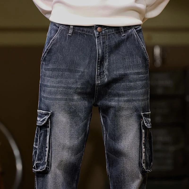 هاي ستريت العصرية متعددة جيب الدنيم السراويل الرجال الأمريكية خمر الجينز المتضخم فضفاض الدهون مستقيم بنطلون البضائع بانت تنوعا #5