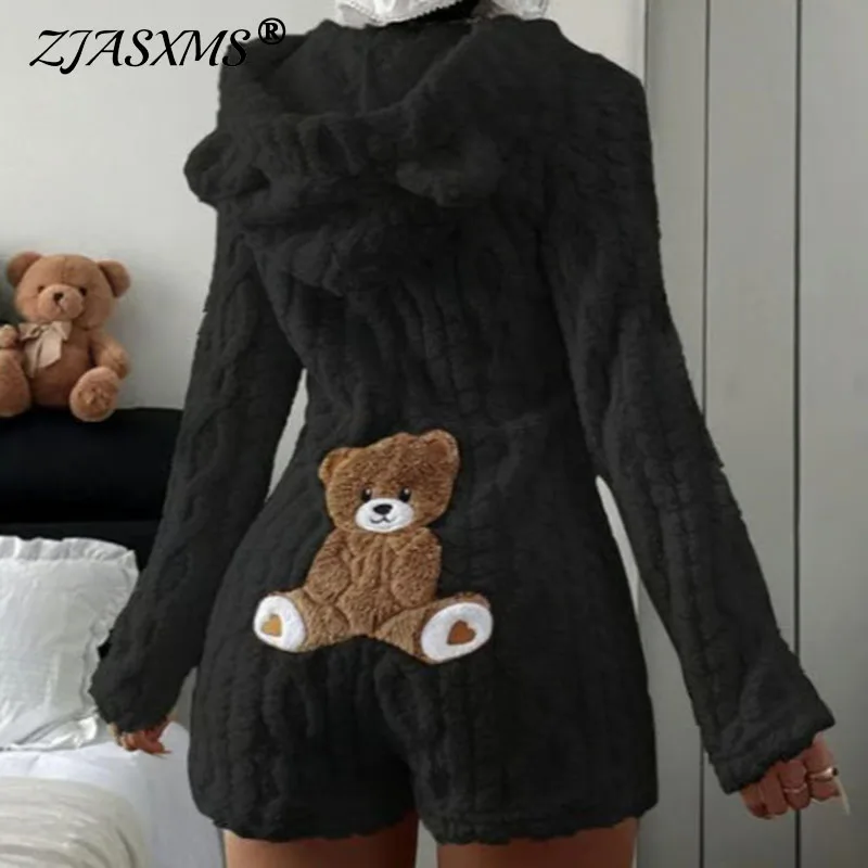 Women Teddy Bear Ear Hooded Short Romper Long Sleeve Zipper Plush Bodycon Jumpsuit Cute Home Loungewear Sleepwear Pajama Overall