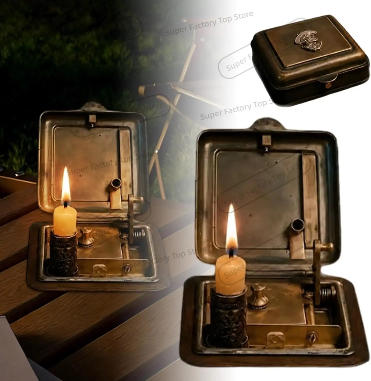 Boîte à bougies mécanique du XIXe siècle, briquet de poche vintage à manivelle et porte-bougie, boîte à bougies avec allumeur de flamme et mécanisme à ressort