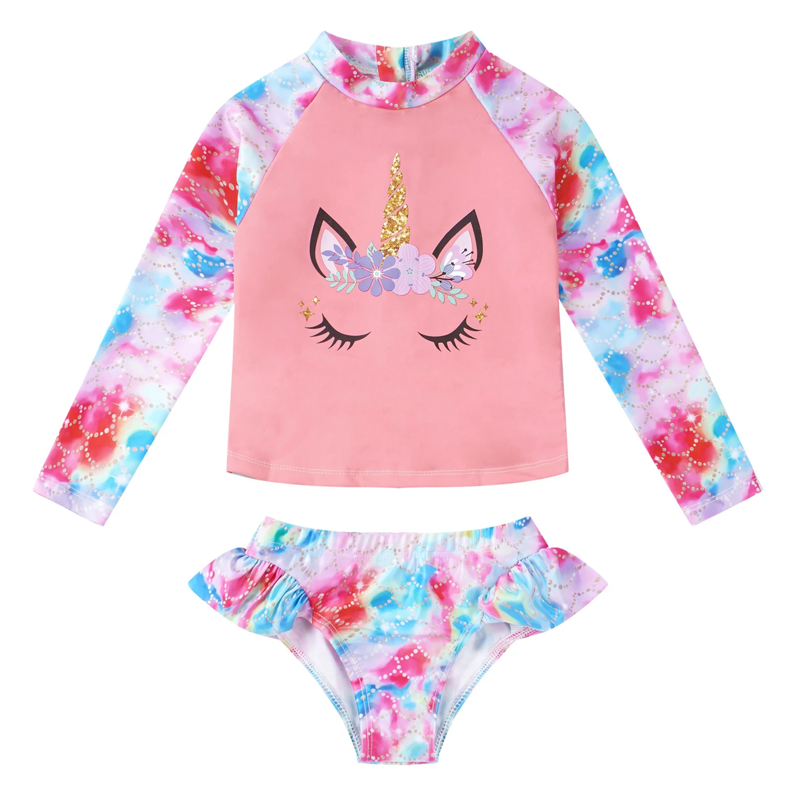 Kids Girls Brazilian 2Pcs Swimming Suit Swimwear Long Sleeve Cartoon Horse Print Tops Briefs Bikinis Set Beachwear Bathing Suits