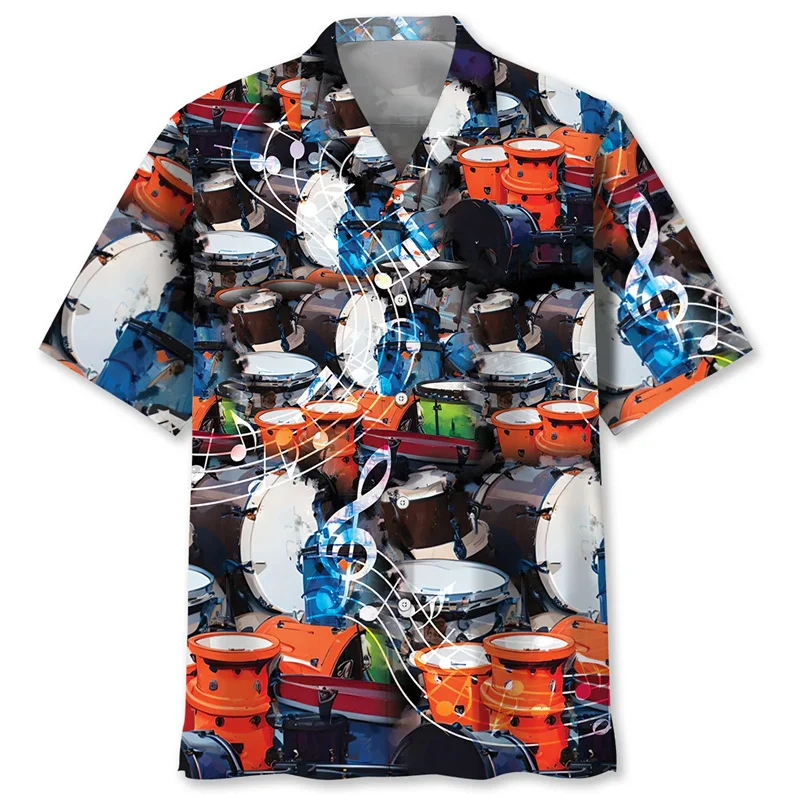 ドラムパターンアロハシャツ男性夏 3D 印刷楽器半袖ブラウス屋外ストリート音楽愛好家シャツ