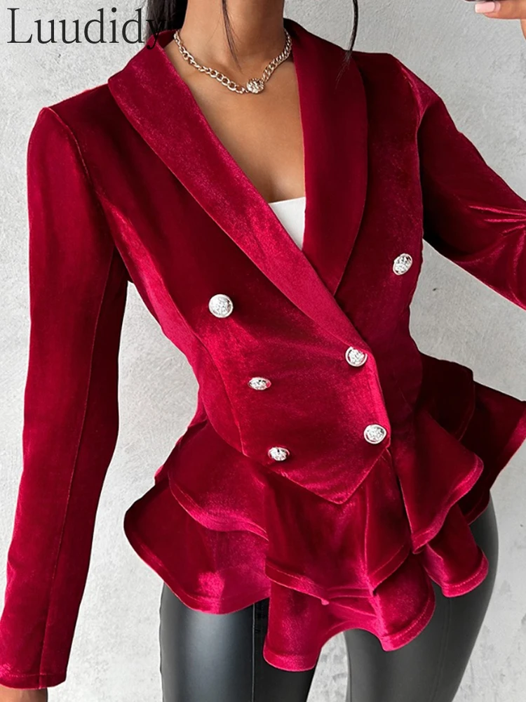 Women Elegant Double Breasted Velvet Ruffles Blazer Coat