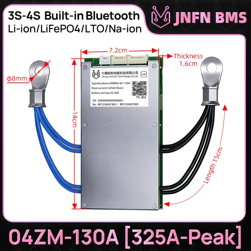 JNFN BMS for E-Bikes,Motorcycles,Cars,RVs Offers Smart Li-ion and Lifepo4 Protection,18650,Bluetooth 12V/24V/48V,3S/4S,130A