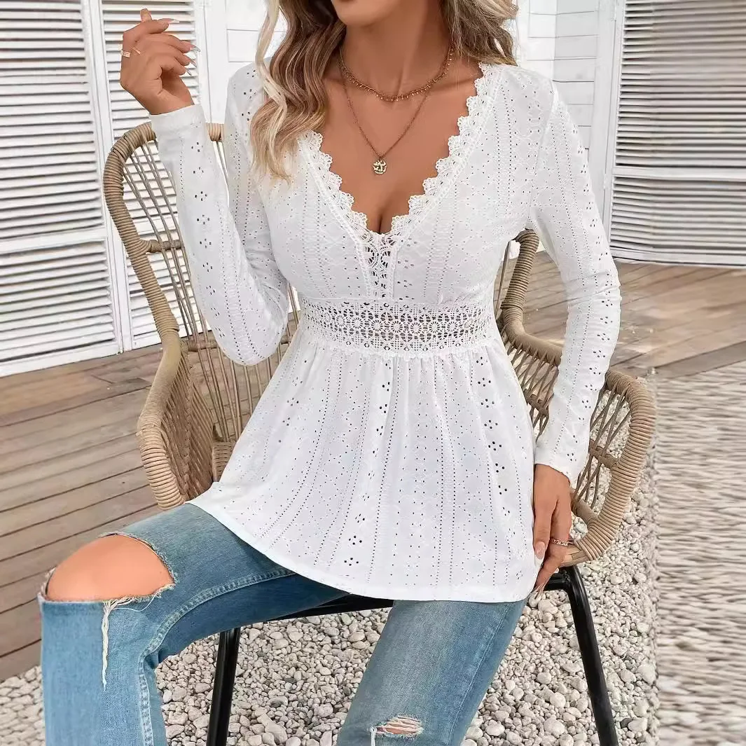 2025 Dress Women Female Spring New Elegant Women's Solid Color V-neck Splicing Lace Long Sleeve T-shirt Tops Women's Clothing