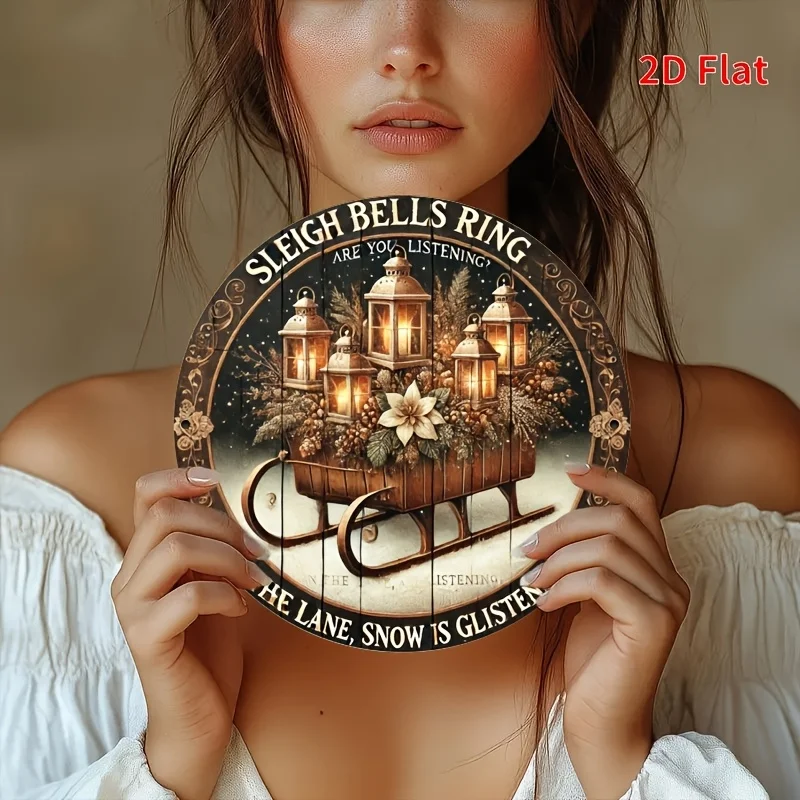 [مسطح [مسطح] قطعة واحدة من لافتة الحائط المعدنية الحديدية المستديرة - إكليل عيد الميلاد العتيق مع رجل الثلج والأجراس وفروع الصنوبر - متين للاستخدام الداخلي/الخارجي