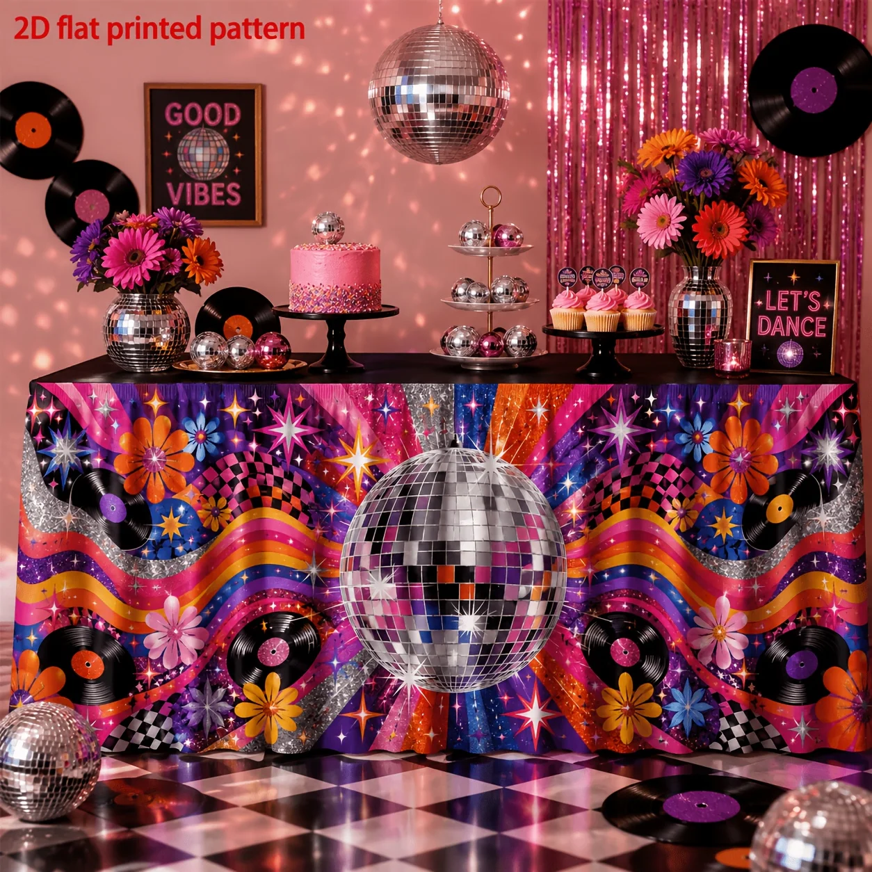 One table skirt. Polyester retro disco print table skirt. Ball lens. Vinyl record. Colorful waves. Flowers.