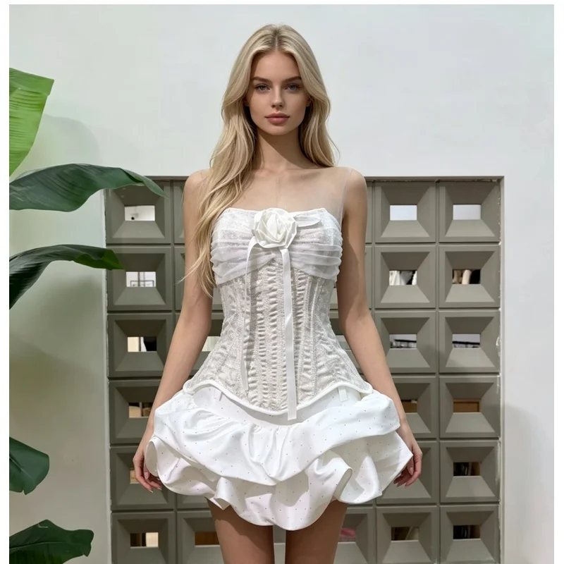 Summer Floral Strap Tube Top Low-Waist Bubble Cake Mini Skirt Wedding Sets Nightclub Party Evening Celebrate Birthday Outfit