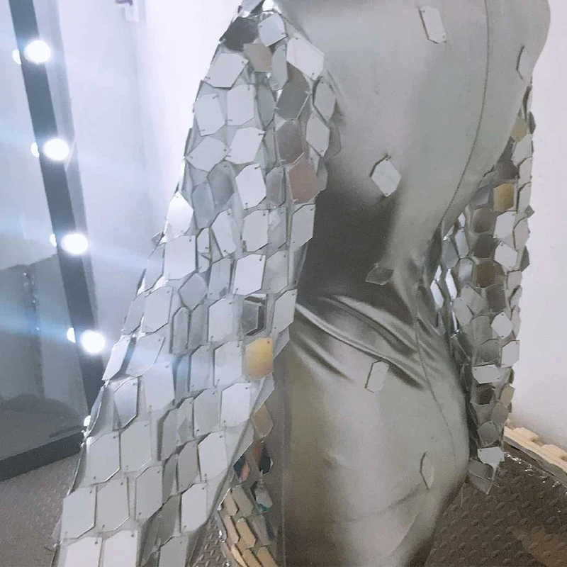 Espelho lantejoulas palco traje cantor dançarino desempenho macacão carnaval festival roupas rave outfit prata bodysuit yj031