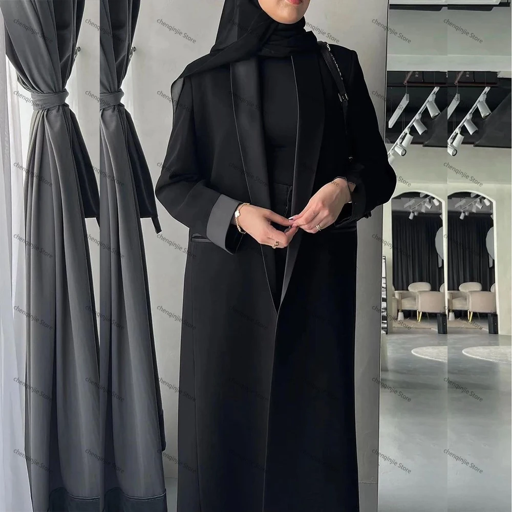 Schwarzer Damen blazer 2024 Damen jacke 1 Stück langer Mantel Einreiher Schal Revers Luxus muslimische Abayas Büro Dame Kleidung