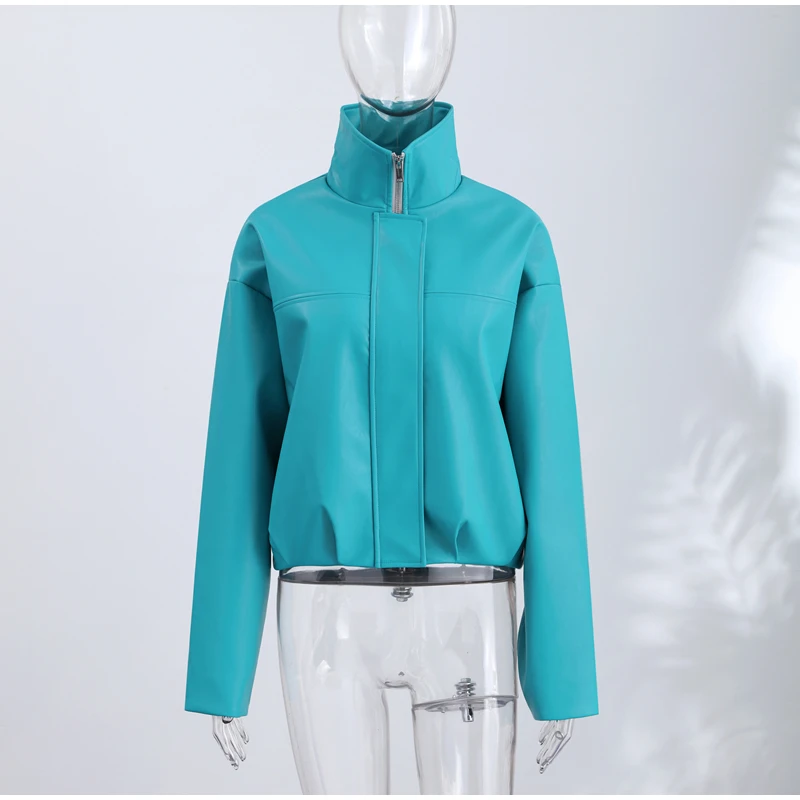 Women's Solid Faux Leather Jacket Stand Collar Zippers Long Wide Sleeves Cropped Coats 2026 Autumn Fashion All-match Streetwears