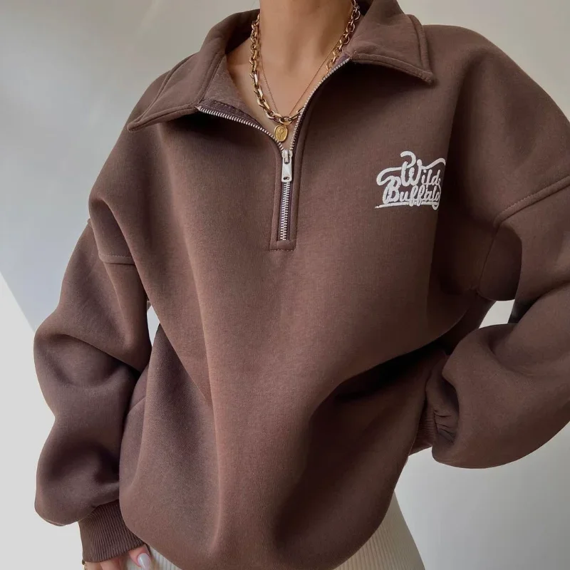 

Casual Printed Letters Loose Trendy Versatile Tops Ins American Velvet Sweatshirt Women Polo Collar