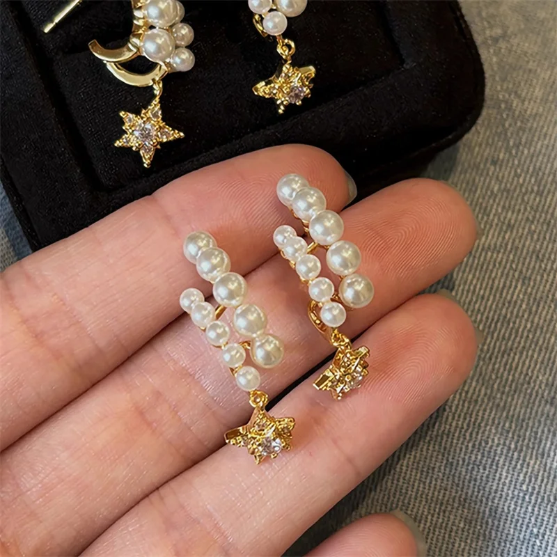 

French Pentagram Zircon Pendant Double Row Pearl Earrings for Women Niche Exquisite Fashion High-end All-match Earrings