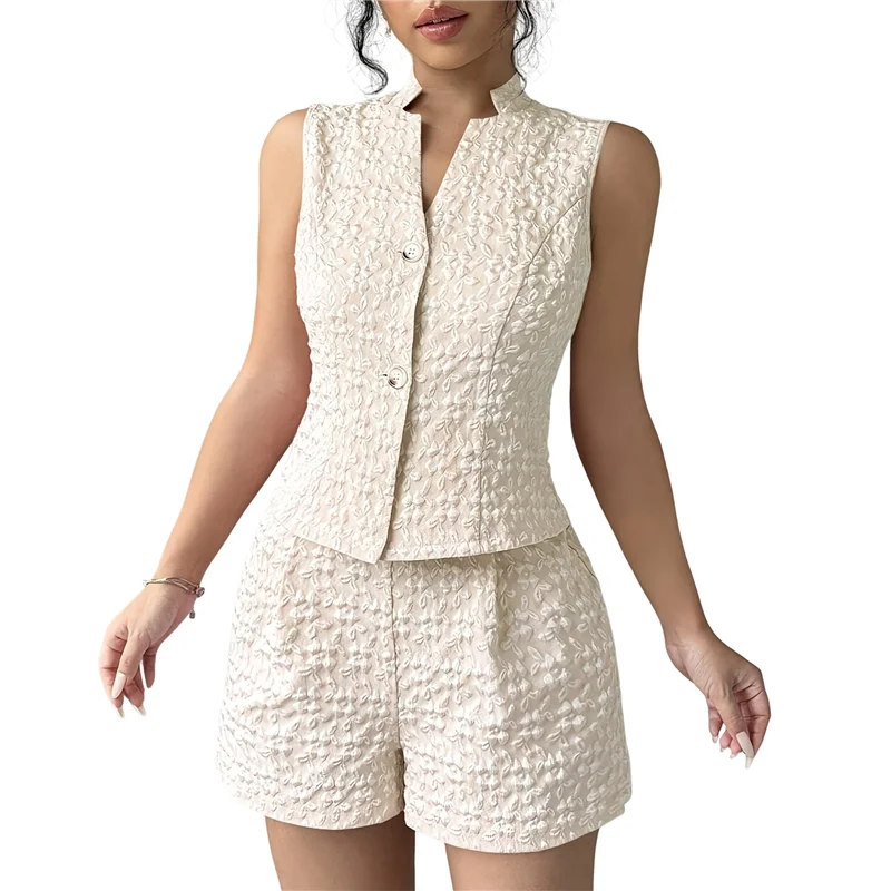 

ASDS-Women's Summer Two Piece Sets Button Down Sleeveless Crop Vest Top And High Waisted Shorts Set