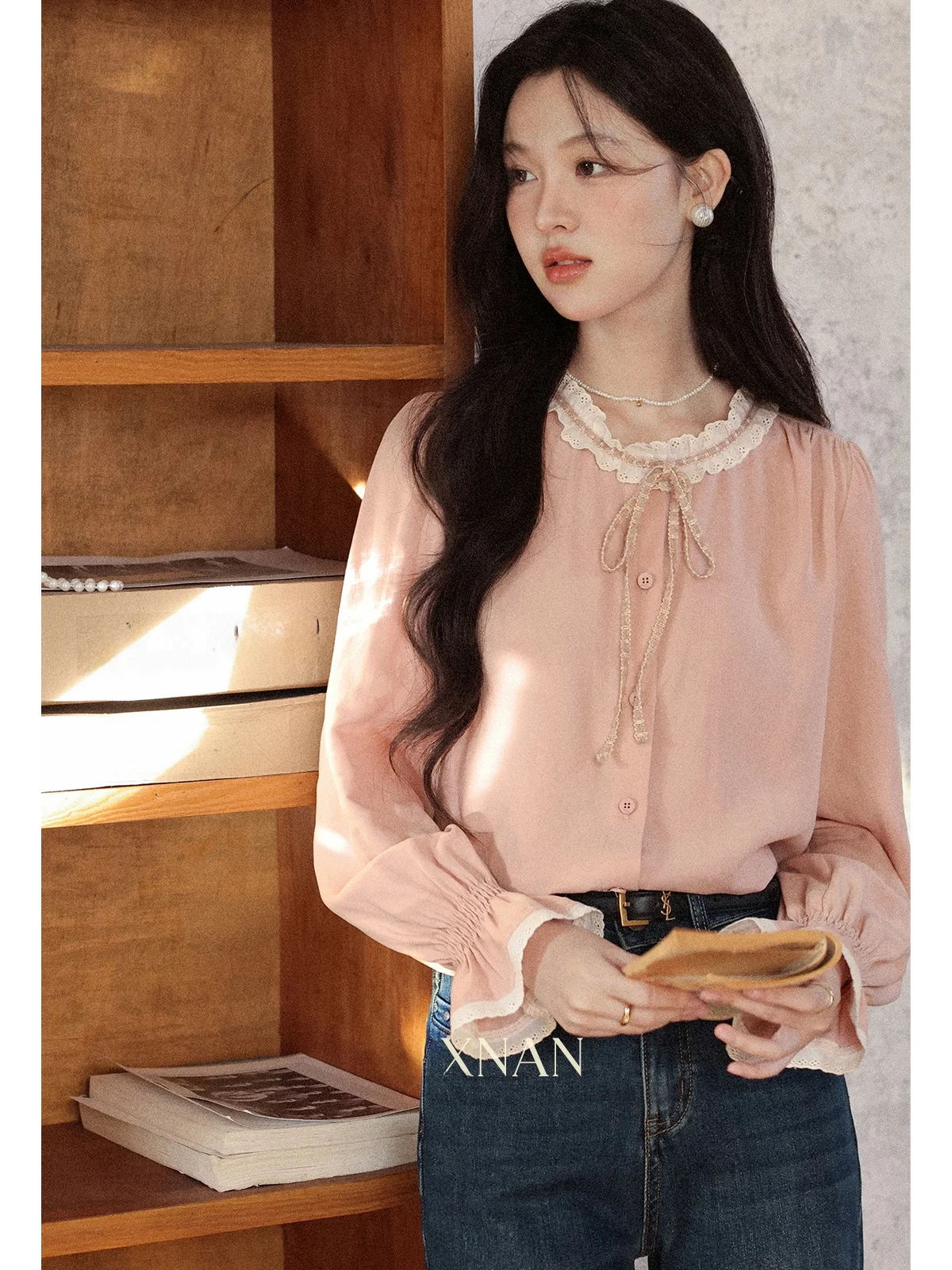 

Pink Sakura Flavored Long Sve Inner irt for Women by Lu Xiang Nán Spring Autumn Faion Loose Fit round Ne Button down