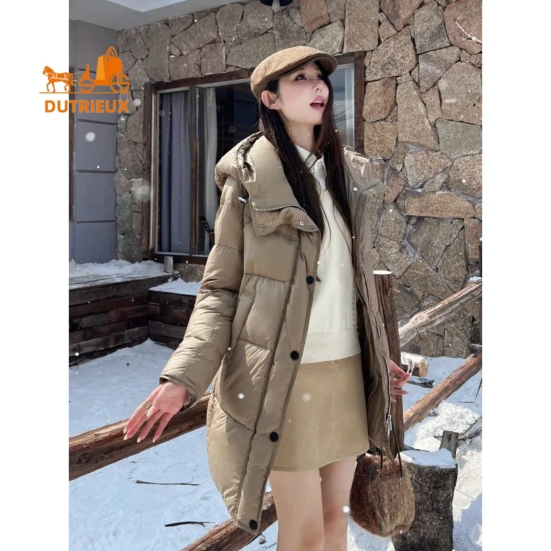 New Winter Women's Simple Versatile Lapel Hooded Mid-length Down Jacket, 90% White Goose Down Filling, Casual Warm and Soft Coat