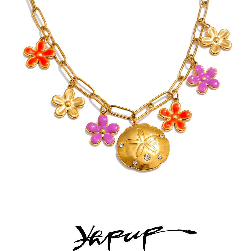 Yhpup – pendentif fleur en émail rouge violet, collier à la mode en acier inoxydable doré, résistant au ternissement, étanche, bijoux commerciaux, cadeau