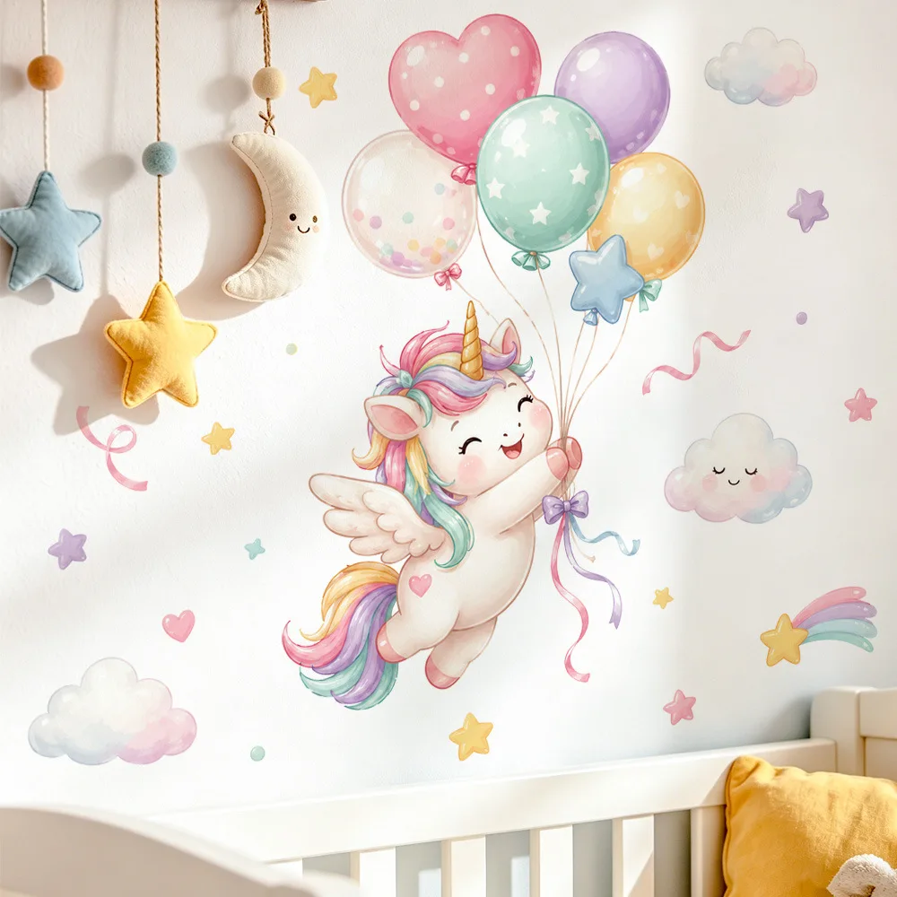 Cute Unicorn Balloon Wall Sticker Colorful Cloud Star Wall Decal Removable Vinyl Wall Art for Girls Nursery Bedroom Home Decor
