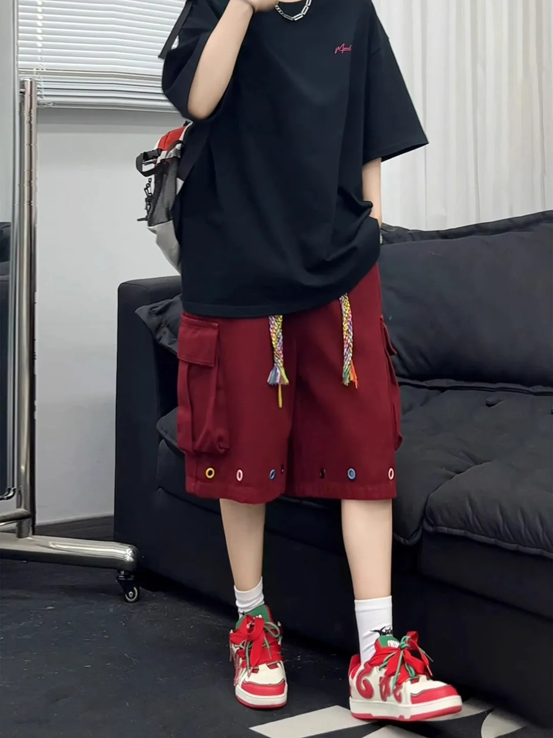 Khaki Workwear Short Pants Men Women Thin Woven Drawstring Sports Design Sense Large Pocket Mid-Length Summer Trousers