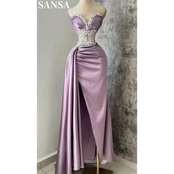 Sansa Exquisite Pink A-line Satin Evening Dress Strapless Sleeveless Beading Wedding Dresses Side Splite vestidos de fiesta 2024