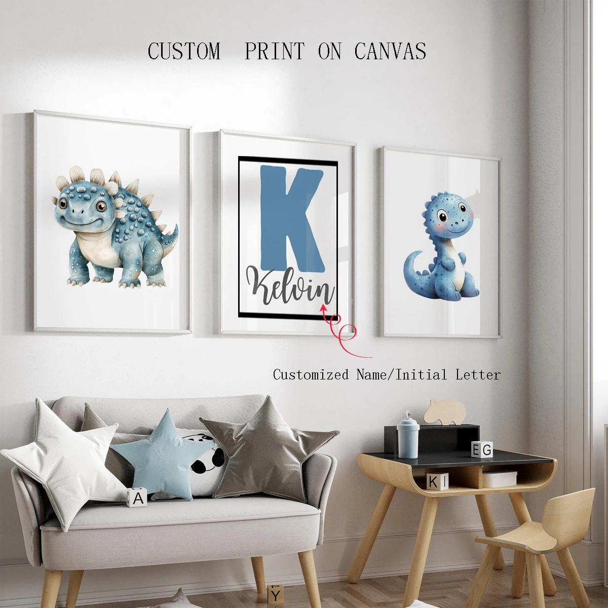 3pcs Personalized Blue  Dinosaur Nursery Prints, Baby Boy Nursery Print, Name Personalised, Custom, Digital Print Design, No Fra
