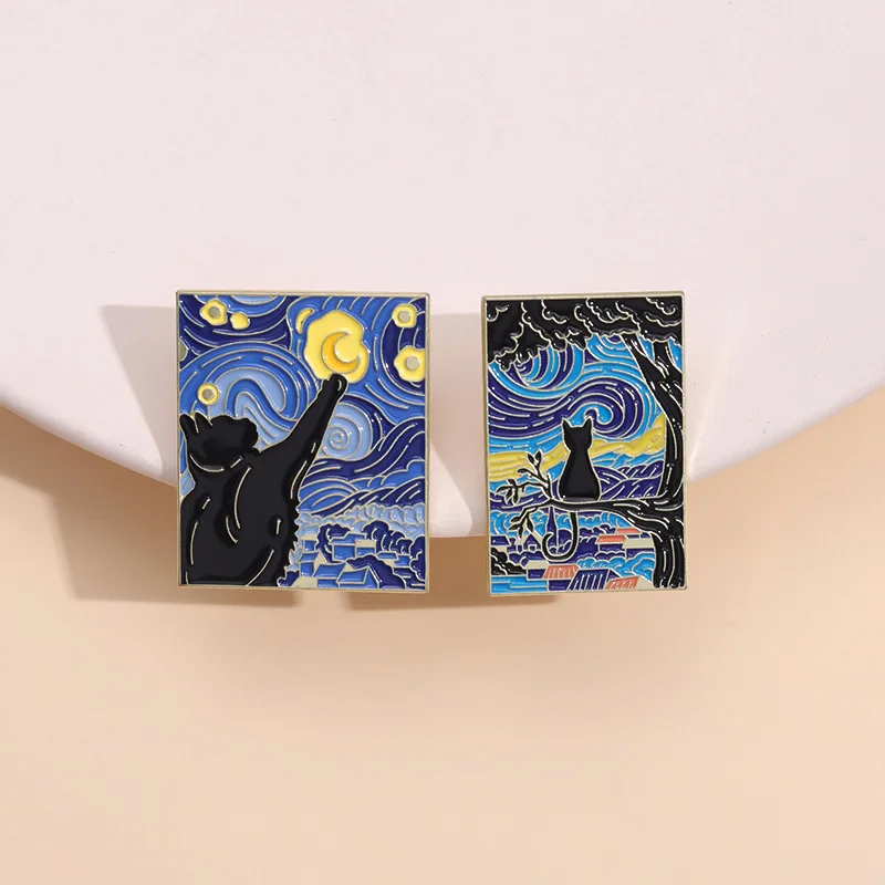 Cartoon Oil Painting Cat Enamel Pins Van Gogh Art Abstract Starry Sky Kitten Cute Animal Brooches Lapel Badge Jewelry Gifts