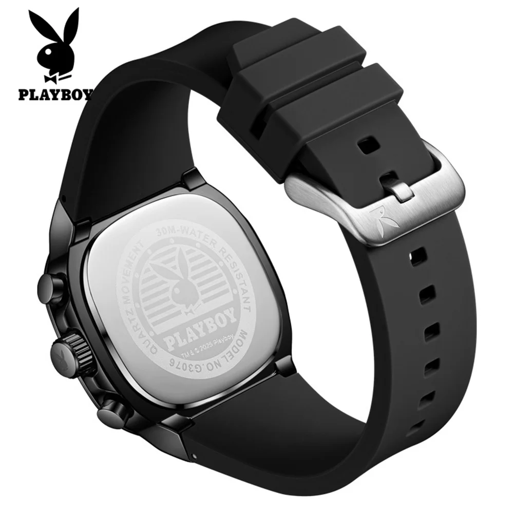 PLAYBOY 3076 Brand original authentic watches for man luxury Gift Box Silicone strap square watch quartz men's watch