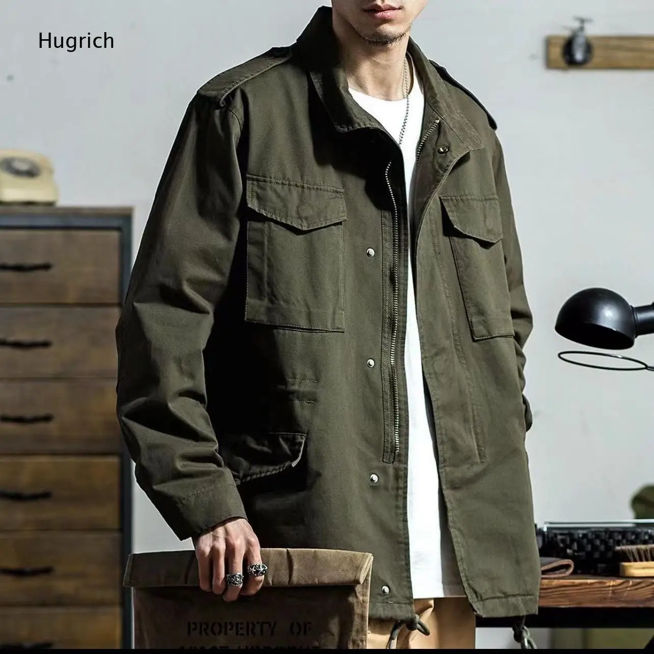 Army Green Epaulet Multi Pocket Military Field Jacket Mens Vintage Outdoor Safari Cargo Coat