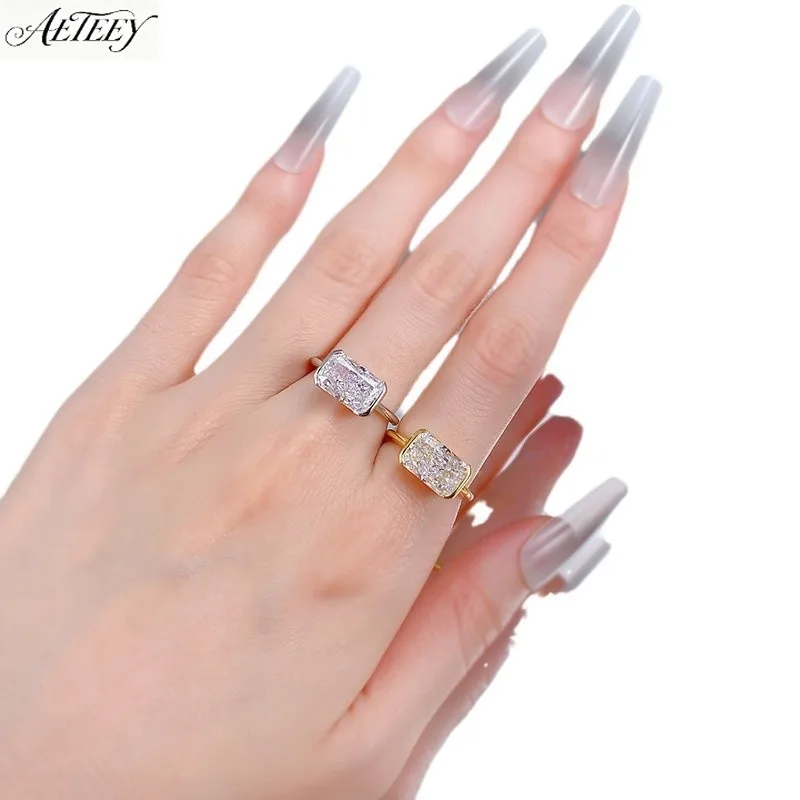 AETEEY S925 Silver Gold Plated 7\*11mm Rectangle Ice Flower Cut Ring Luxury Daily Women Stackable Finger Jewelry