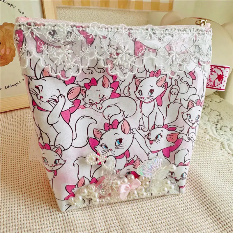 

Disney The Aristocats Marie Cat Printed Cotton Fabric Lace Lace Change Storage Bag Cartoon Transparent Flowing Sand Makeup Bag