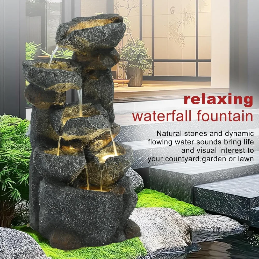 نافورة مياه خارجية متتالية من 6 طبقات مع 6 مصابيح LED، نافورة حديقة مع شلالات لحديقة المنزل والفناء والشرفة والبا