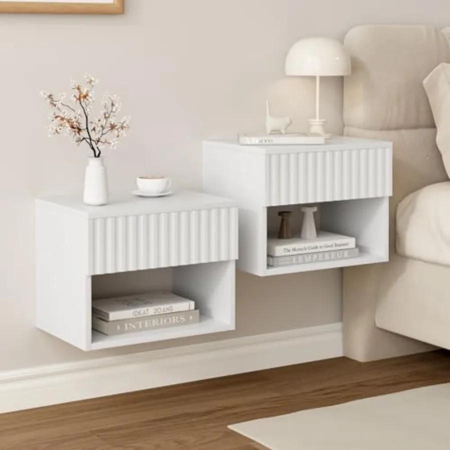 

Floating Nightstand Set of 2 Modern Wall Mounted Bedside Tables with Fluted Drawer and Open Shelf Compact White End Table for B