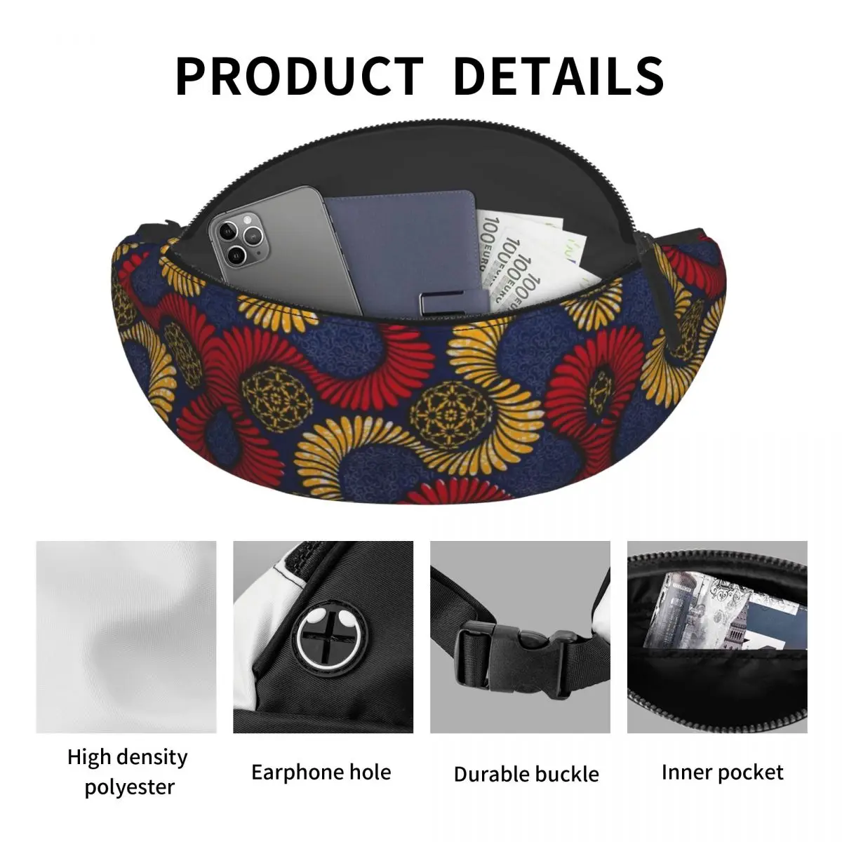 Ankara African Pattern Fanny Bag Traditional Africa Ethnic Art Crossbody Waist Pack Men Women Travel Hiking Phone Money Pouch