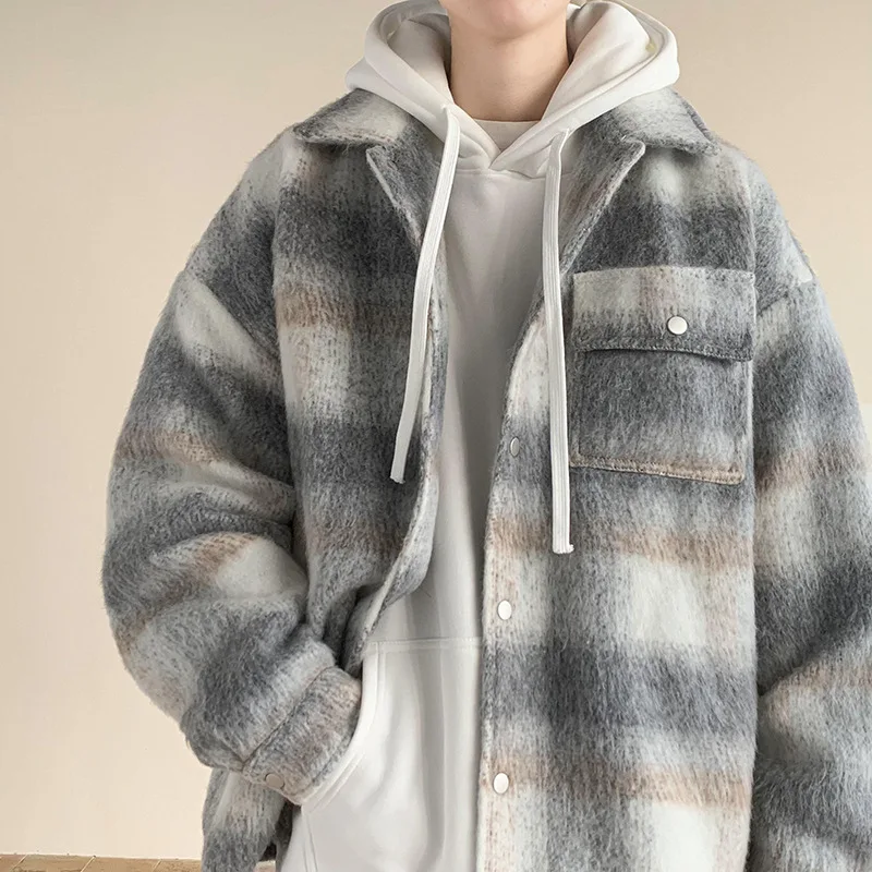 

Short plaid woolen coat men's autumn and winter thickened Hong Kong style Korean version trendy brand ruffian men's