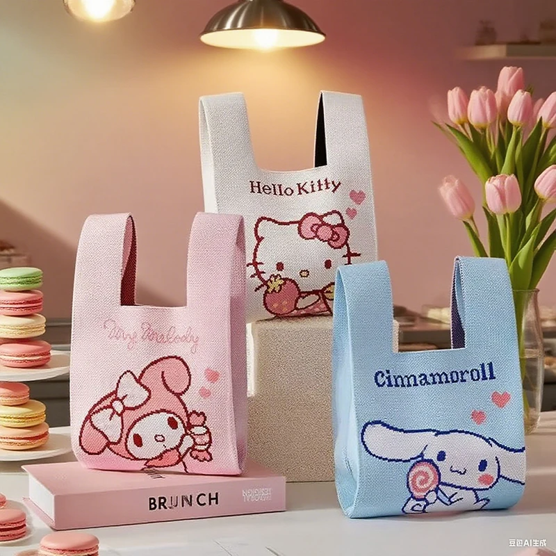 

Hello Kitty Sanrio Girl, большая вместительная вязаная сумка-бенто, милая мультяшная ручная тканая сумка-бокс для обеда для офисных работников, стиль Y2K