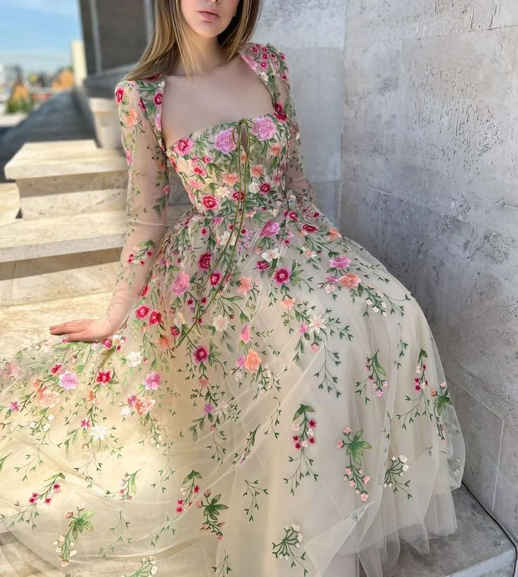 XIjun  Lace Appliques Prom Dresses Long Sleeves Evening Dress Formal Ankle Length Party Dress 2023 Elegant Occasion Prom Gowns