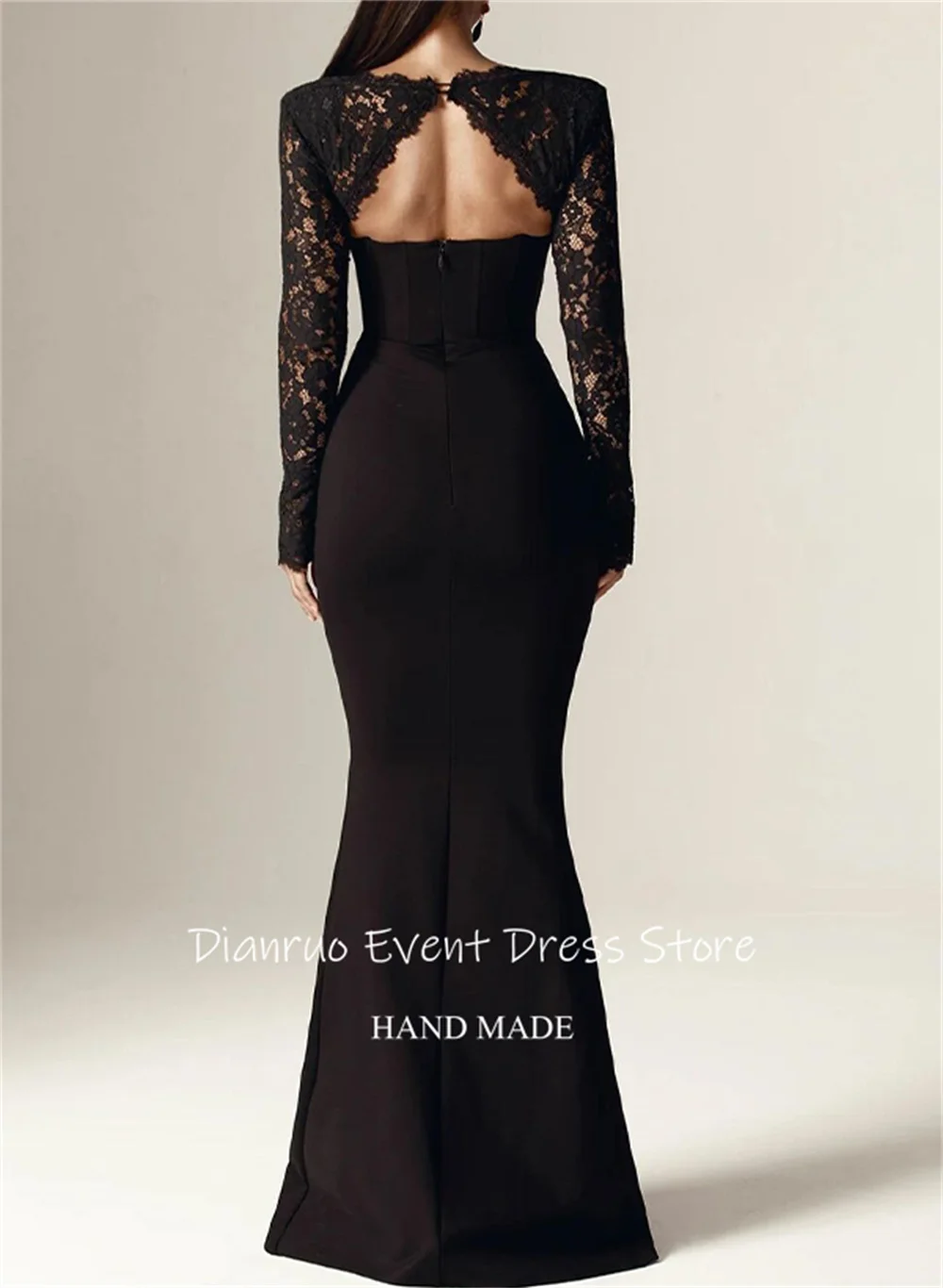 Dianruo Черные вечерние платья русалки Прозрачные кружевные аппликации с рукавами Бальные платья Скромные платья знаменитостей с высоким разрезом по индивидуальному заказу