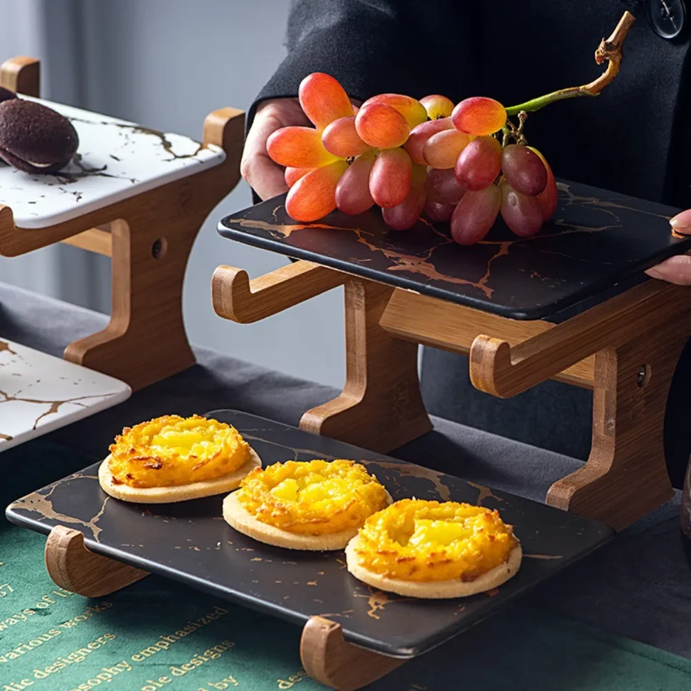 Marble ceramic cake rack Afternoon tea Dim sum double-layer wooden rack Dim sum table decoration fruit plate dessert plate