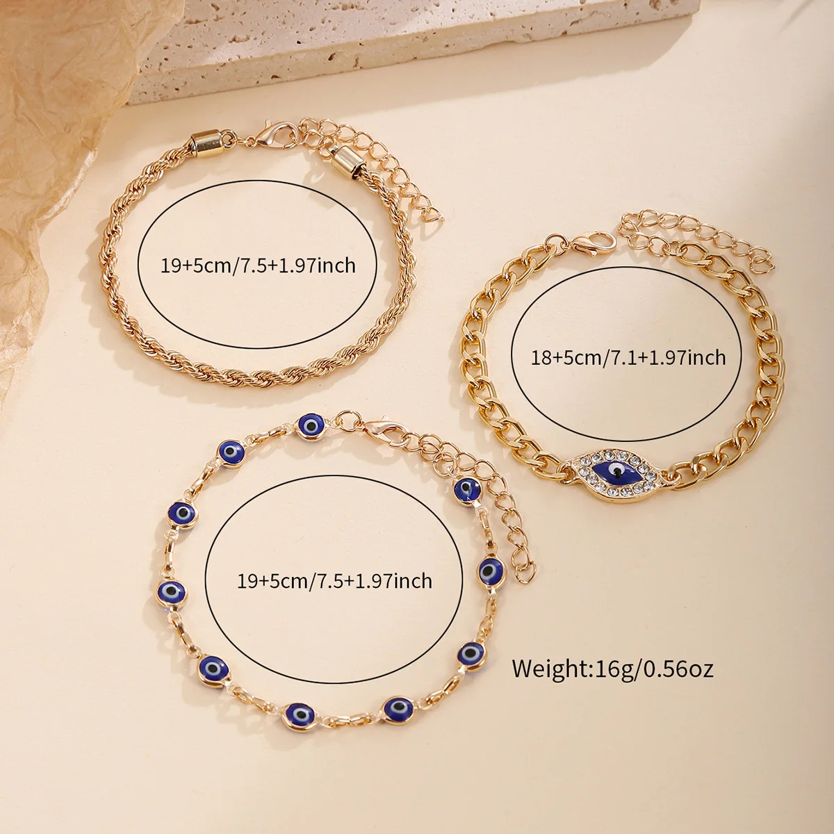 3 قطعة الأزرق عين الشر سحر سوار مجموعة للنساء الذهب اللون سلسلة الإسورة أنثى موضة مجوهرات اكسسوارات الحفلات #2