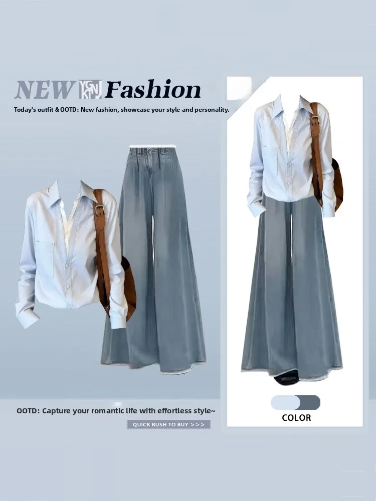 Elegant Light Maturity Style Shirt And Wide Leg Jeans Two Piece Set Women Slimming Age Reducing Summer Fashion Ensemble
