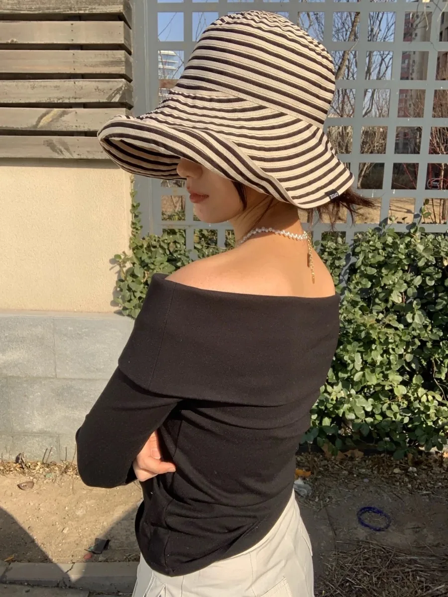 Sombrero de sol de ala ancha a rayas de verano plegable de estilo japonés para mujer - Elegante sombrero de cubo de gran tamaño con protección UV y ala larga